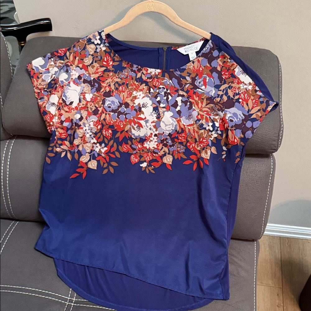 Market & Spruce Navy Blue Floral Women's Blouse